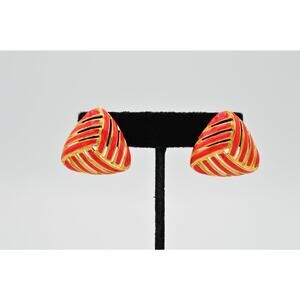 TAT Vintage Statement Earrings Gold Bright Candy Red Enamel Signed 1980s 9H
